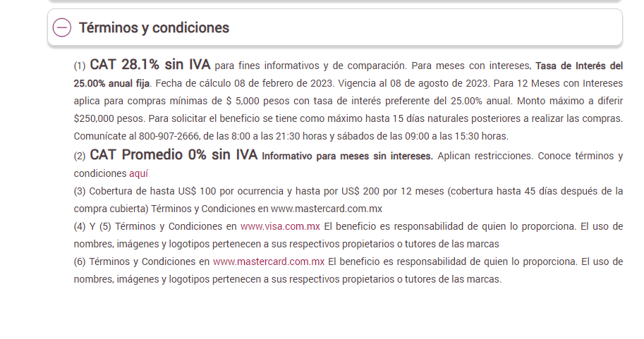 CAT Promedio en los términos y condiciones de una tarjeta de crédito