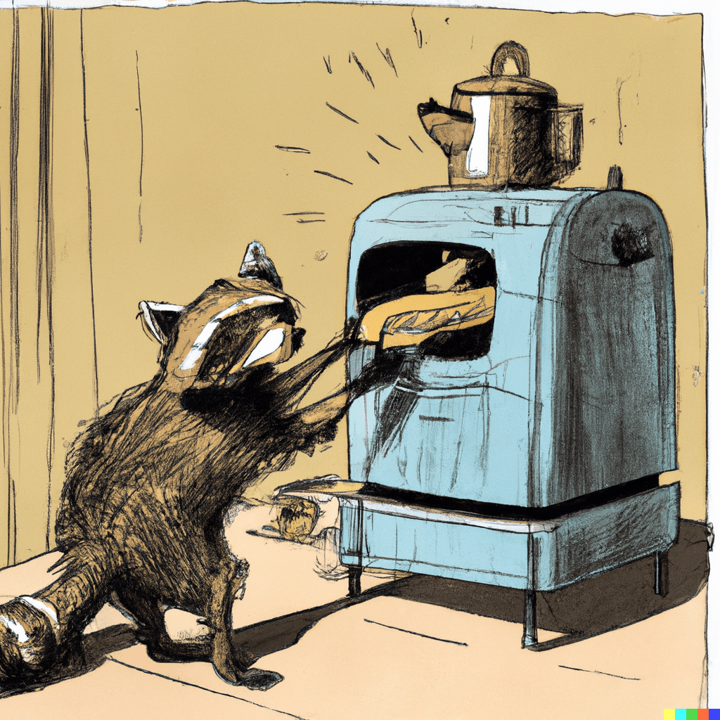 un mapache robando un pan de una estufa vieja